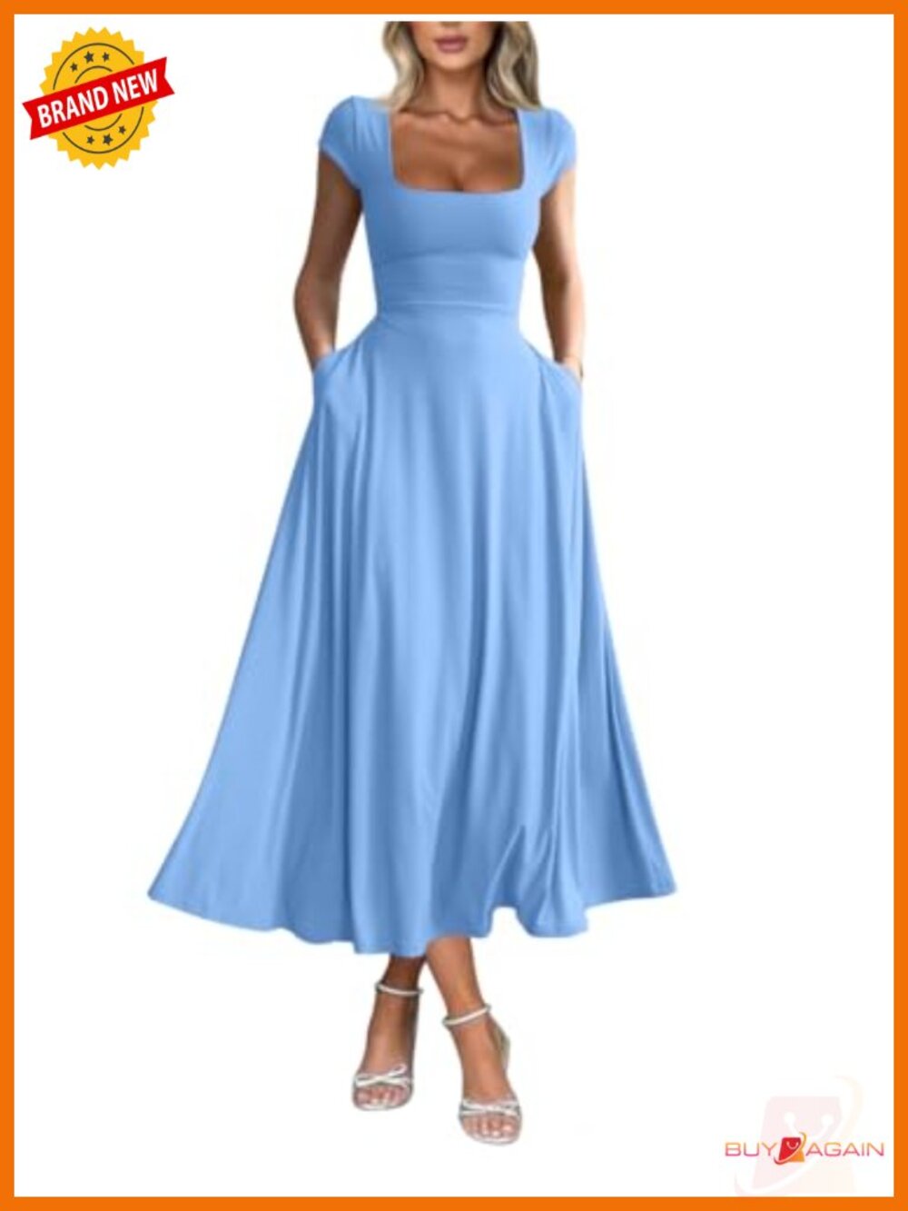Women's Square Neck Short Sleeve Flowy Long Dress with Pockets